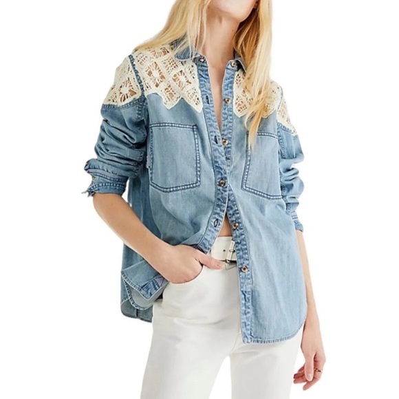 Fee People We The Free Denim Fields Crochet Long Sleeve Button Down Shirt - Picture 1 of 8
